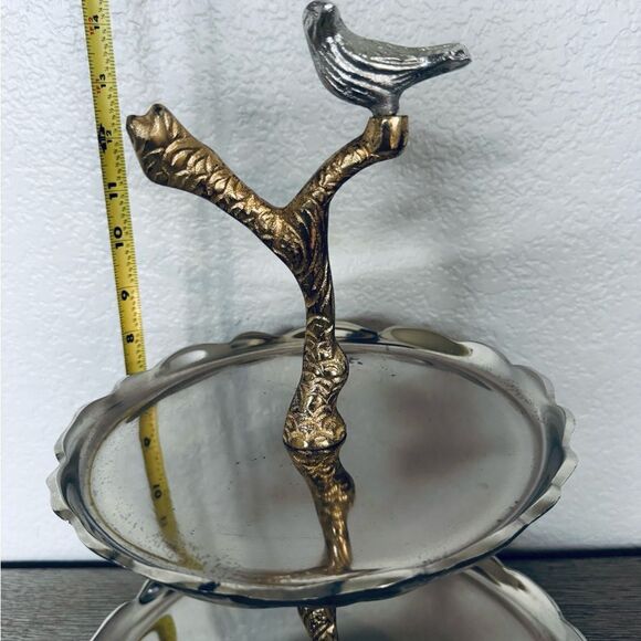 Metal Silver Gold Bird Branch Tiered Tray Centerpiece Serveware Decor - Picture 4 of 6